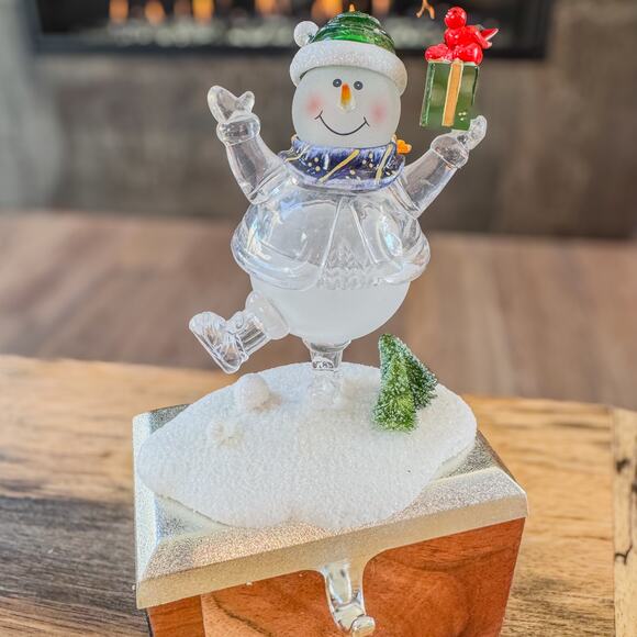 Festive Glass Like Acrylic Christmas Snowman Stocking Hanger Winter Scene Base - Picture 10 of 12